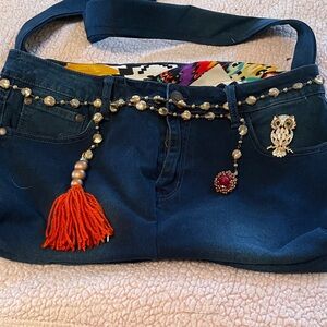 Reinvented handmade lined Blue Denim crossbodyBag with Beaded Accents 11x17